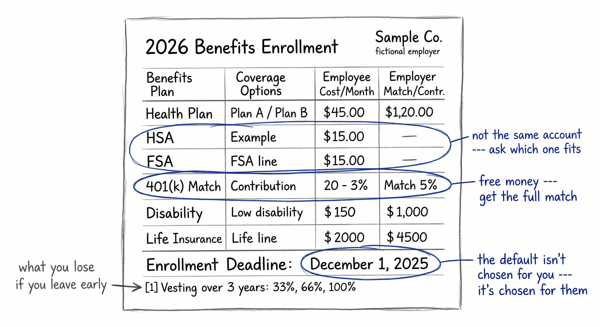 An open-enrollment benefits summary with the 401(k) match, the HSA/FSA choice, and the vesting schedule circled and explained in the margin.