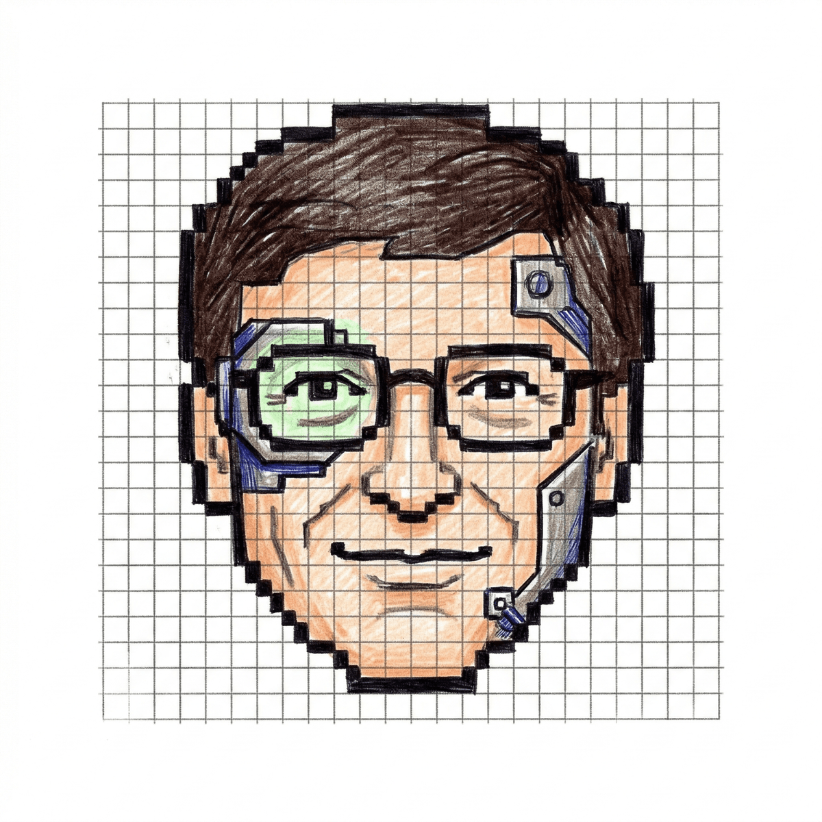 An 8-bit pixel art rendering of the Slashdot Borg Bill Gates icon — Bill Gates's face with Borg implants