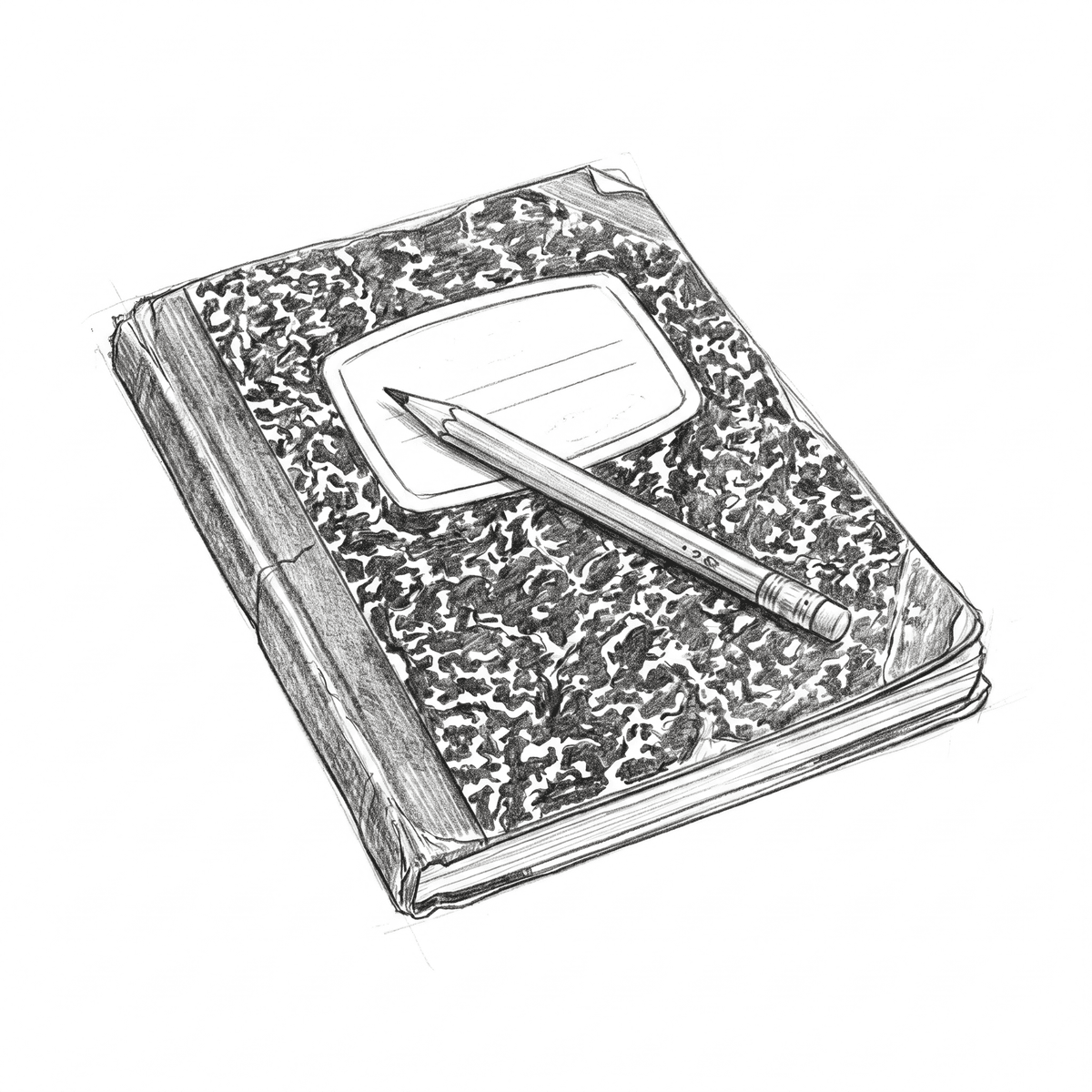 A well-worn black-and-white composition notebook with a sharpened #2 pencil resting on top, ready to write