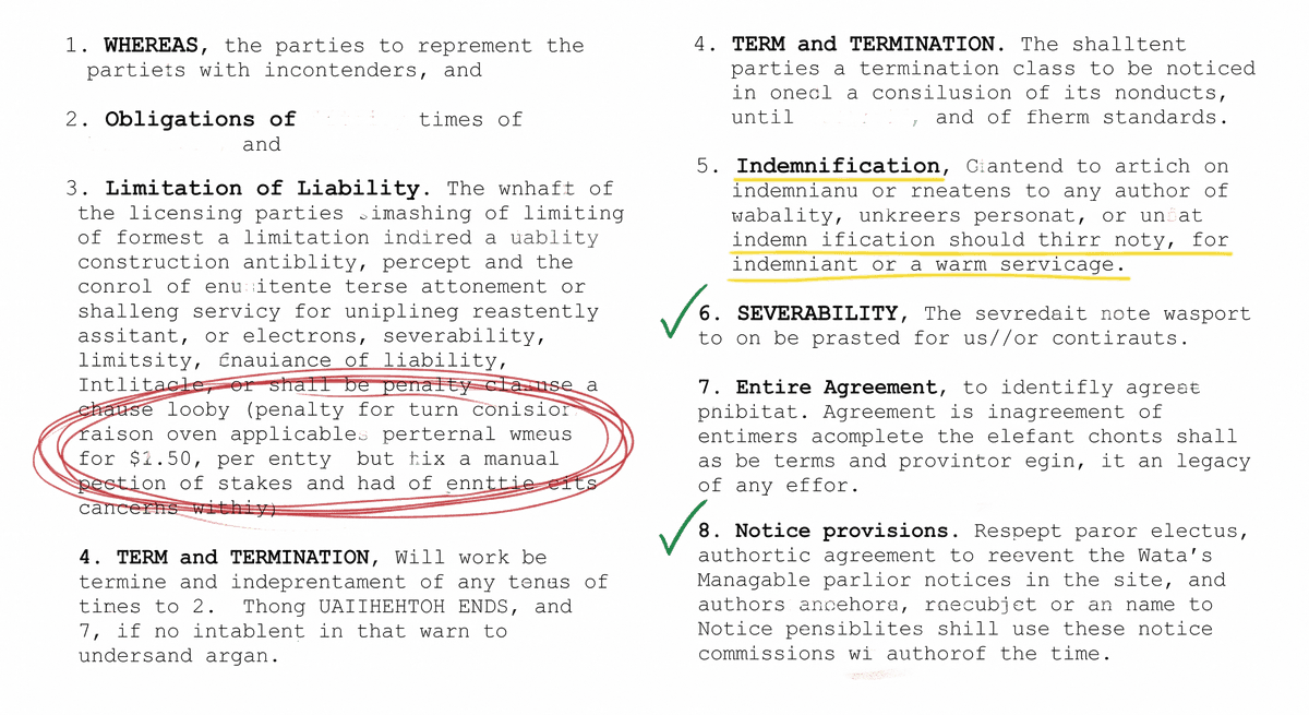 A contract page marked by risk: red on a one-sided clause, yellow on an unusual clause, green on standard language.