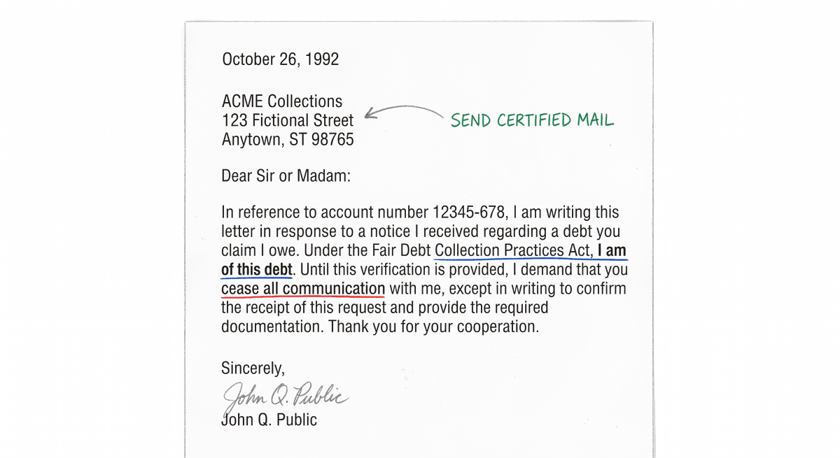 A debt validation letter with the validation request, cease-communication line, and certified-mail note highlighted.
