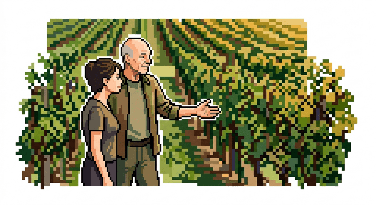 An 8-bit pixel art rendering of Picard and Lily Sloane standing among sunlit vineyard rows, in casual clothes rather than uniform.