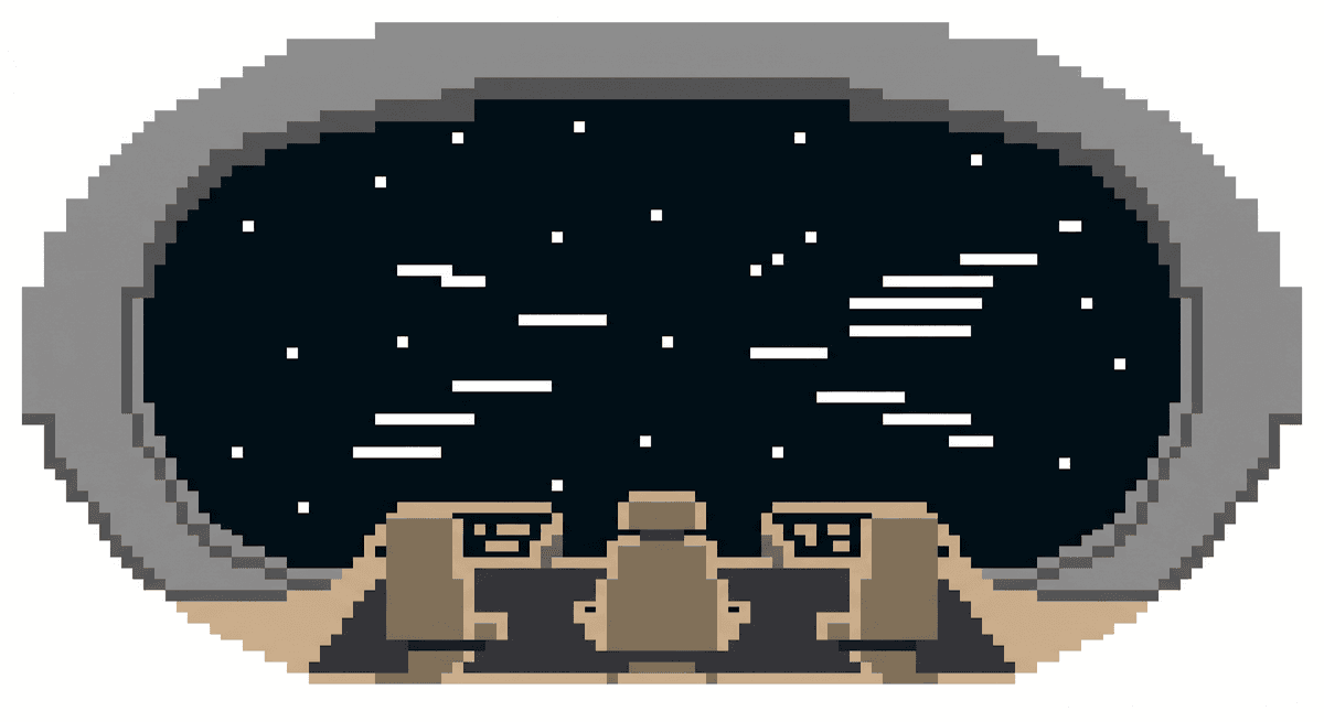An 8-bit pixel art rendering of the Enterprise-D bridge viewscreen, stars streaking to warp.
