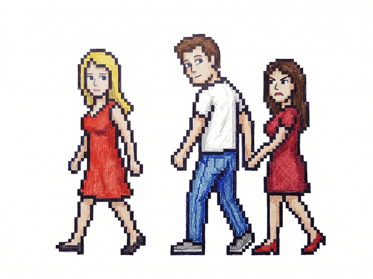 The Distracted Boyfriend meme: a man turns to eye someone new while his girlfriend looks on, offended.