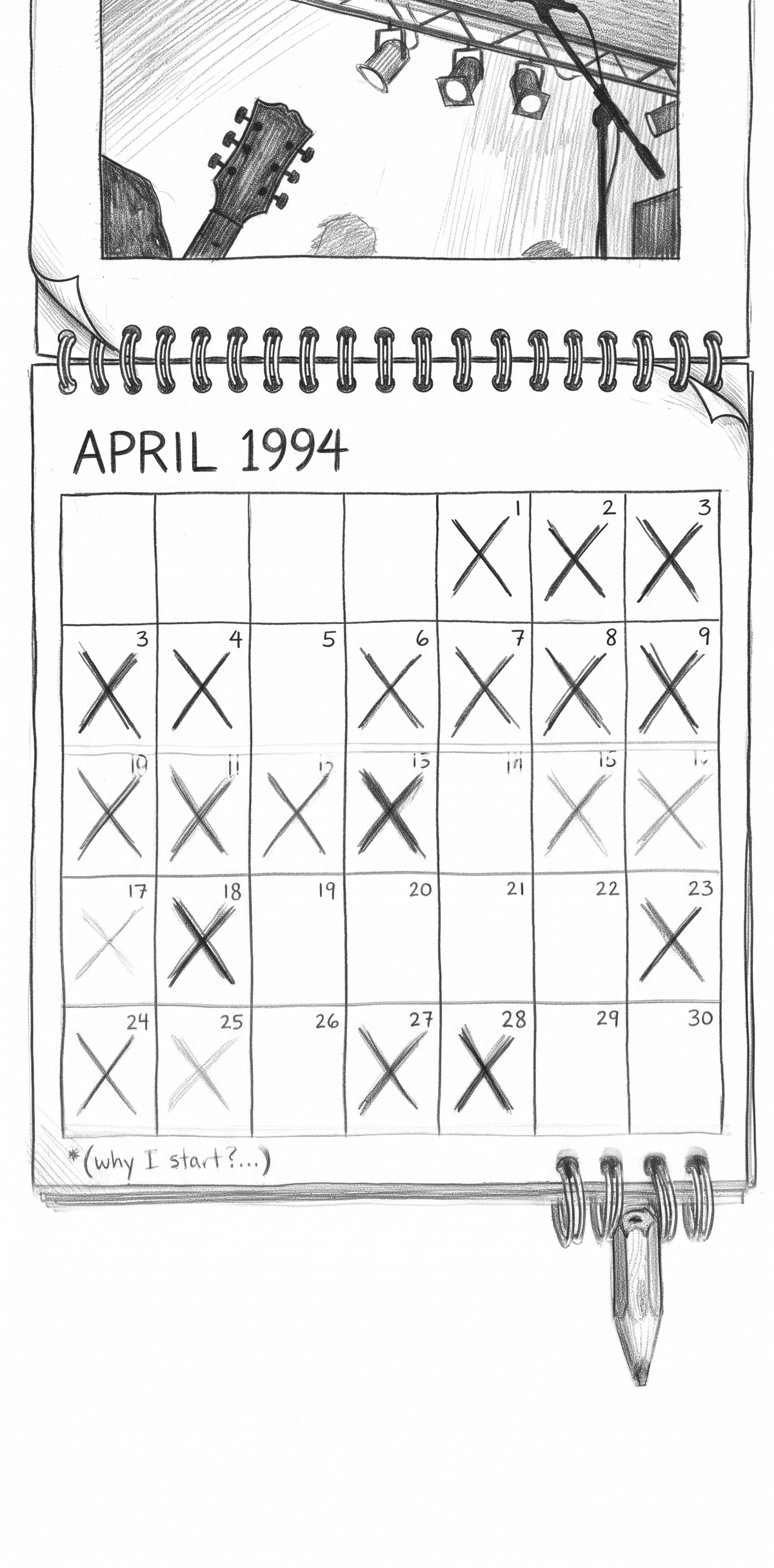 A calendar page tracking a habit in X marks — most days marked, with gaps that are part of the design, not failures.