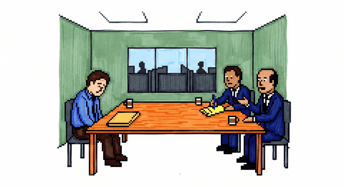 Peter across a conference table from the two Bobs, being asked to explain what, exactly, he does here.