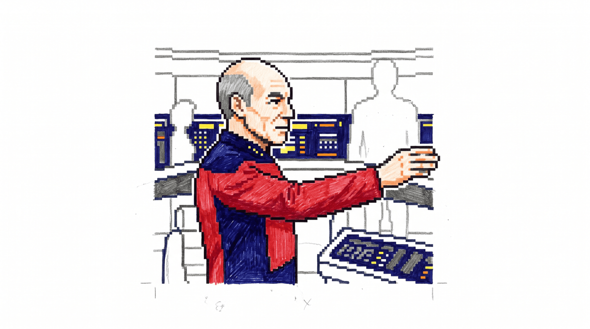 An 8-bit pixel art rendering of Captain Picard on the bridge, one arm extended forward, giving the order.