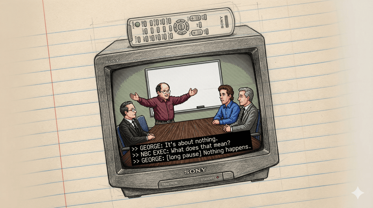 George pitches at a blank whiteboard while NBC executives sit in polite confusion and Jerry is quietly horrified.