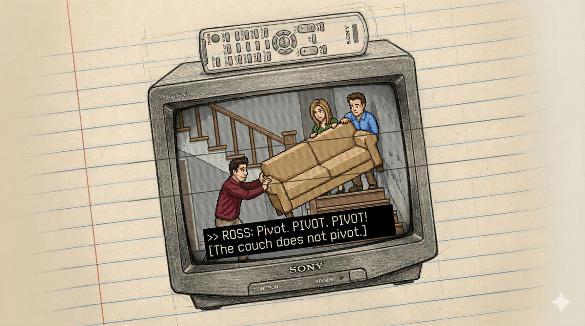 Ross shouting 'Pivot!' as the couch jams impossibly on the staircase between him, Rachel, and Chandler.