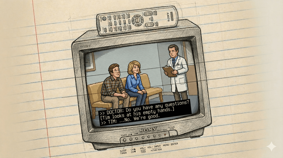 Tim and Jill in a doctor's waiting room with no questions prepared.