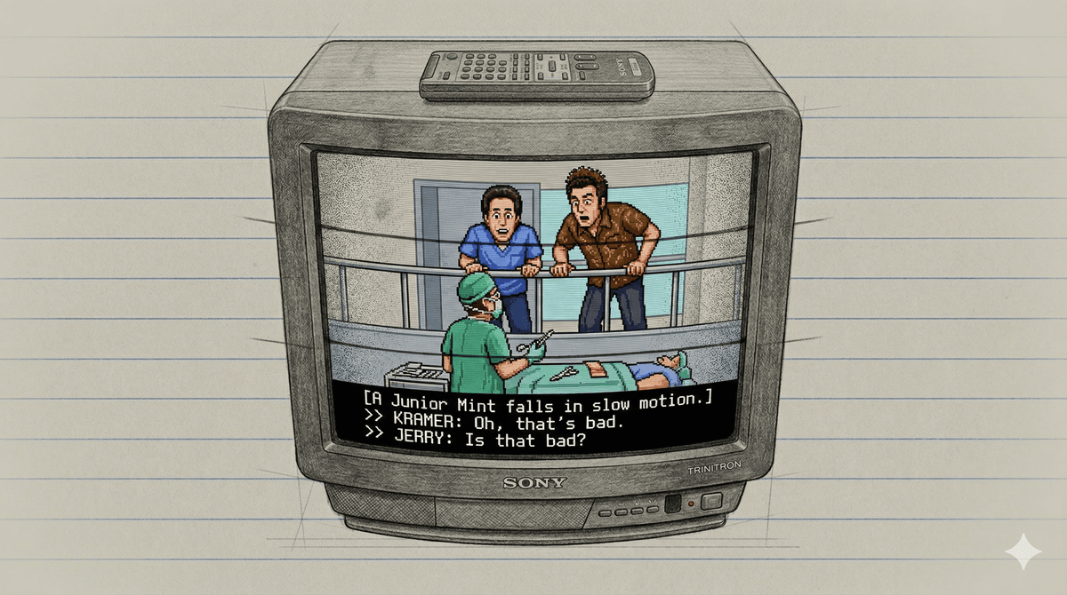 Jerry and Kramer lean over a hospital gallery railing in dawning horror as the surgeon looks up at them.