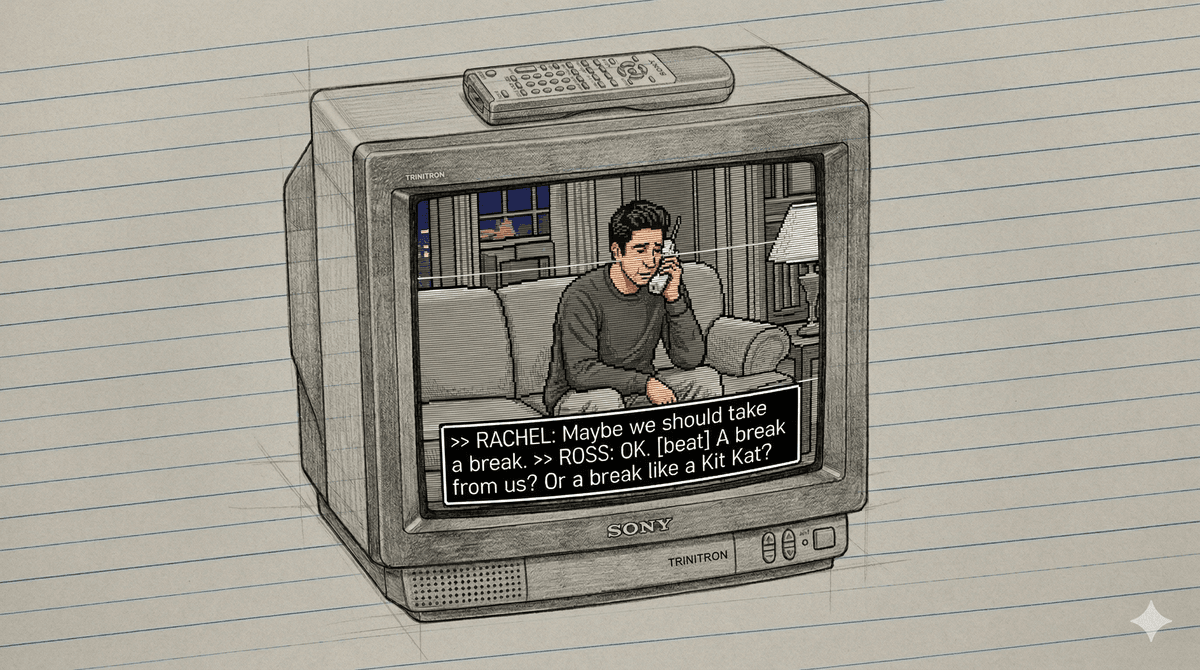 Ross on his couch with the phone, realizing what he did and what she thinks he did are not the same thing.