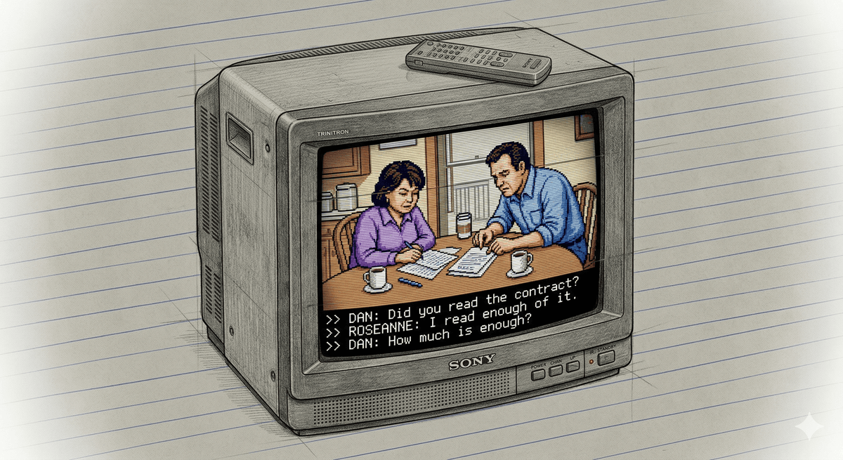 Roseanne and Dan at the kitchen table over bills and a contract, trying to make a good decision from bad information.