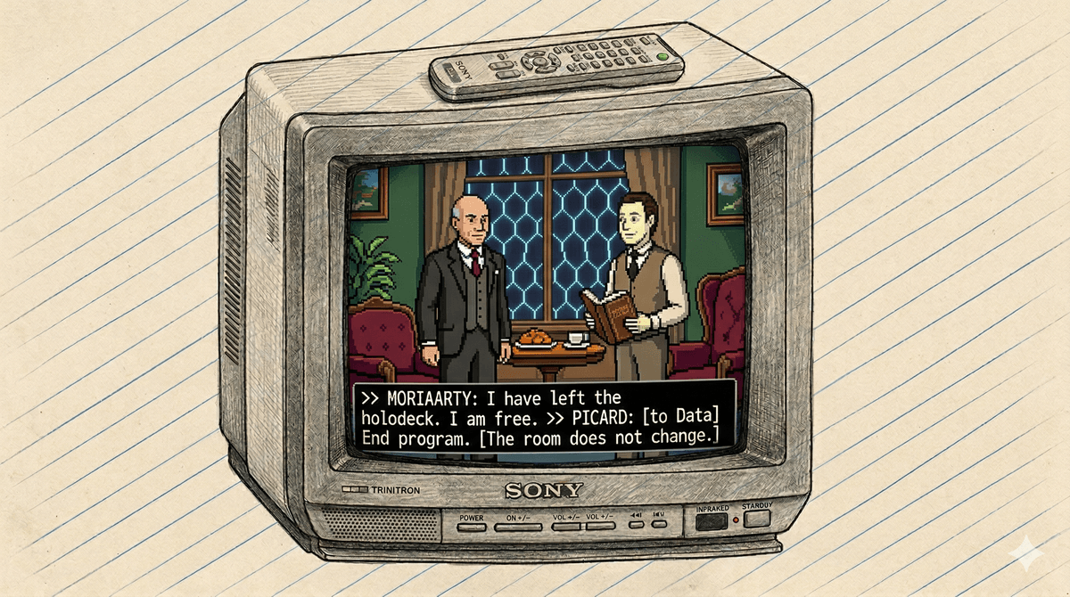 Picard and Data in a Victorian drawing room; a faint holodeck grid in the window reveals the room is not real.